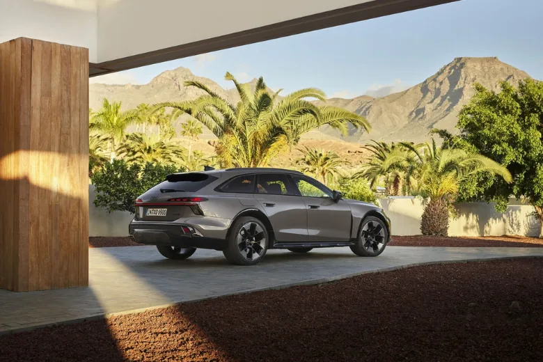 Audi A6 allroad gris aparcado de trasera junto a una casa
