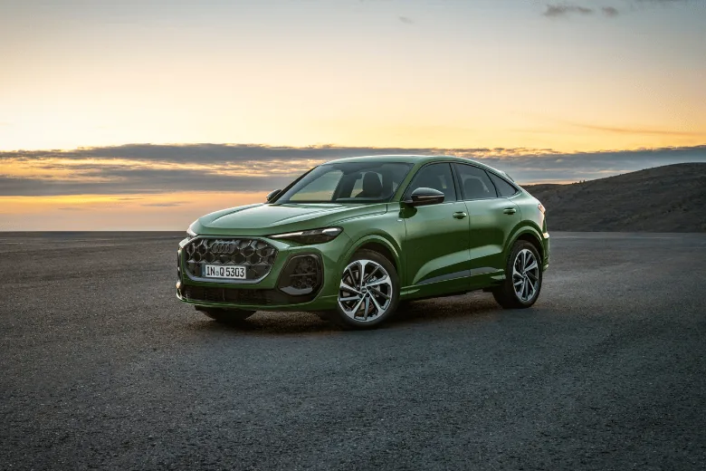 Audi Q5 verde con un paisaje de fondo