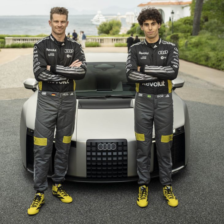 With the Audi Nuvolari, the brand is unveiling its first supercar with a high-performance hybrid powertrain. Gabriel Bortoleto and Nico Hülkenberg, driver for the Audi Revolut F1 Team, at the unveiling of the near-production prototype on the Côte d’Azur.